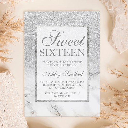 Imitate silber Glitzer Marmor elegante Sweet 16 Einladung