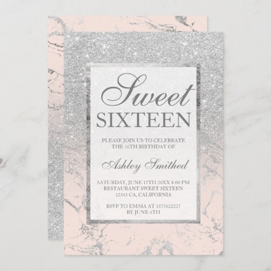 Imitate silber Glitzer rosa Marmor elegant Sweet 1 Einladung (Vorne/Hinten)