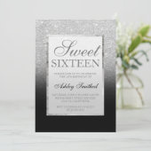 Imitate silber Glitzer schwarz elegante Sweet 16 Einladung (Stehend Vorderseite)