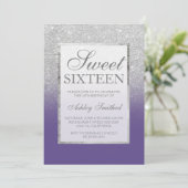 Imitate silber Glitzer violett eleganter Sweet 16 Einladung (Stehend Vorderseite)
