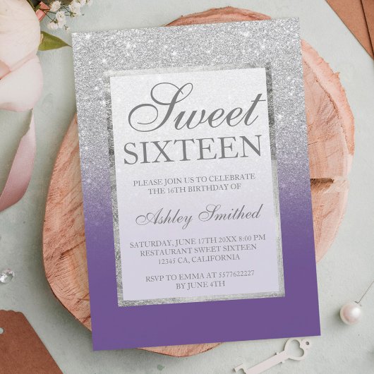 Imitate silber Glitzer violett eleganter Sweet 16 Einladung