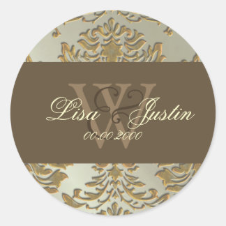 Imitate Silber/Gold Damask Monogramm Hochzeitsaufk Runder Aufkleber