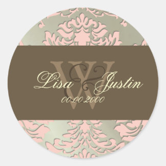 Imitate silber/rosa Damask Monogramm Hochzeitstick Runder Aufkleber