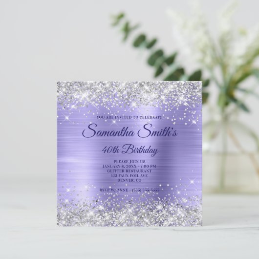Imitate Silberner Glitzer Periwinkle Foil 40. Gebu Einladung (Stehend Vorderseite)