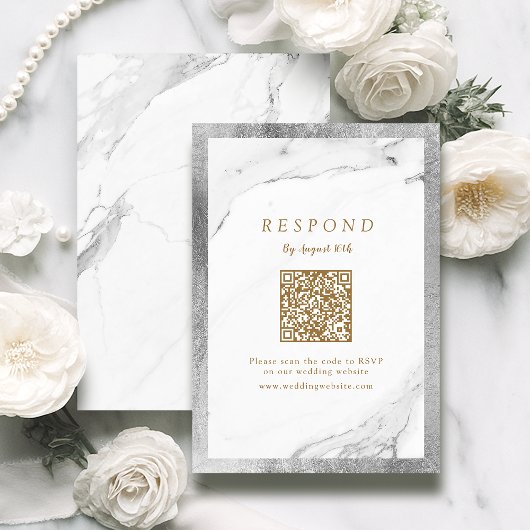 Imitate silberner Marmor Luxus moderne Hochzeit QR RSVP Karte