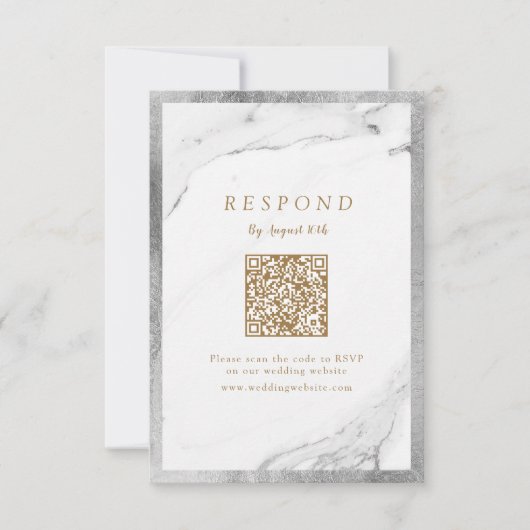 Imitate silberner Marmor Luxus moderne Hochzeit QR RSVP Karte (Vorderseite)