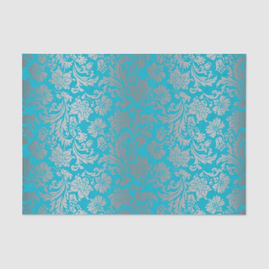 Imitate Silver Floral Damaskus Blue Background Seidenpapier (Vorderseite)