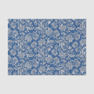 Imitate Silver Floral Damaskus Blue Background Seidenpapier