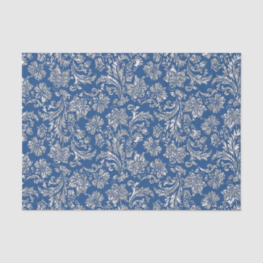 Imitate Silver Floral Damaskus Blue Background Seidenpapier (Vorderseite)