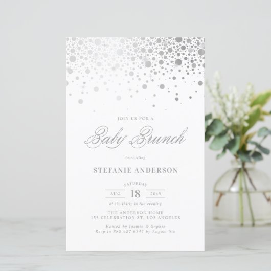 Imitate Silver Foil Confetti Babybrunch Einladung (Stehend Vorderseite)