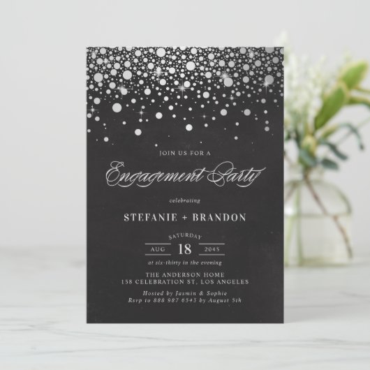 Imitate Silver Foil Confetti Chalkboard Verlobung Einladung (Stehend Vorderseite)