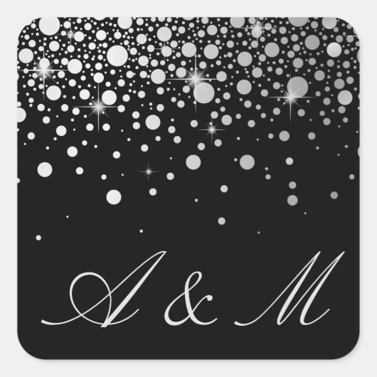 Imitate Silver Foil Confetti Dots Black Monogram Quadratischer Aufkleber (Vorderseite)