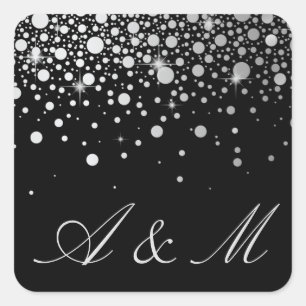 Imitate Silver Foil Confetti Dots Black Monogram Quadratischer Aufkleber