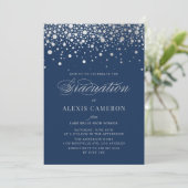 Imitate Silver Foil Confetti Dots Blue Abschluss Einladung (Stehend Vorderseite)