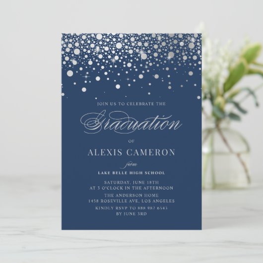 Imitate Silver Foil Confetti Dots Blue Abschluss Einladung (Stehend Vorderseite)