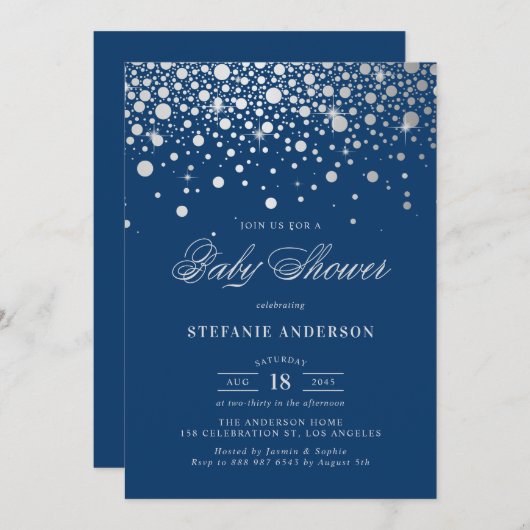 Imitate Silver Foil Confetti Dots Blue Baby Dusche Einladung (Vorne/Hinten)