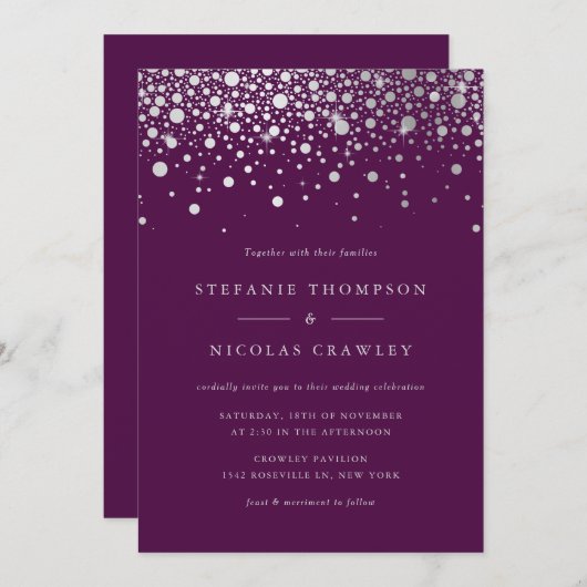 Imitate Silver Foil Confetti Dots Lila Hochzeit Einladung (Vorne/Hinten)