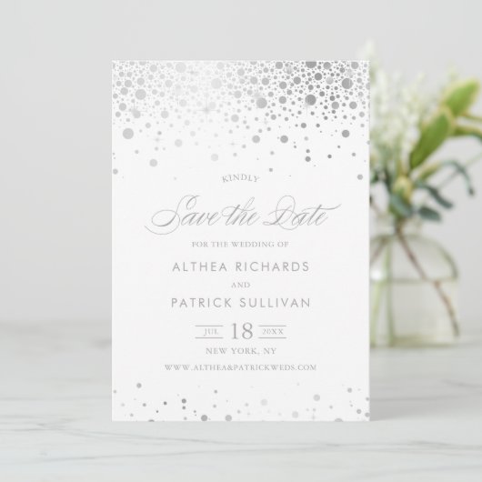 Imitate Silver Foil Confetti Dots Wedding Save The Date (Stehend Vorderseite)