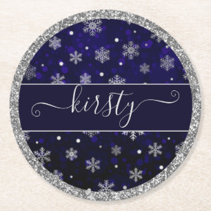 Imitate Silver Foil Winter Snowflakes & Blue Bokee Runder Pappuntersetzer