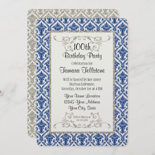 Imitate Silver Glitzer Damask Blumenmuster Geburts Einladung (Vorne/Hinten)