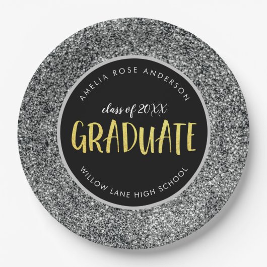 Imitate Silver Glitzer Graduate Abschluss Pappteller (Vorderseite)