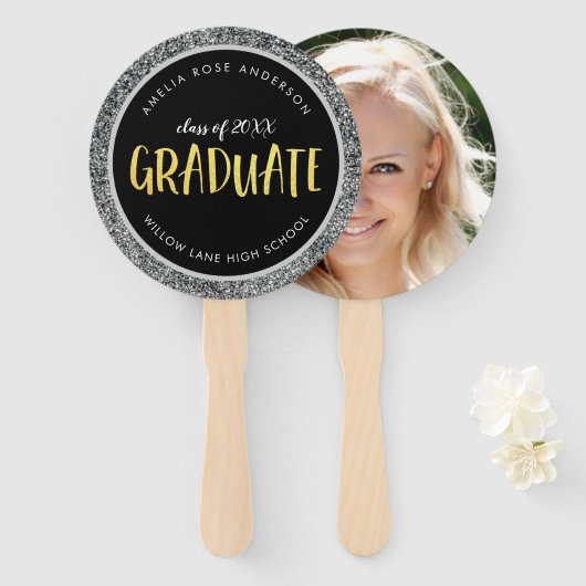 Imitate Silver Glitzer Graduate Foto Abschluss Fächer (Vorne und Hinten)