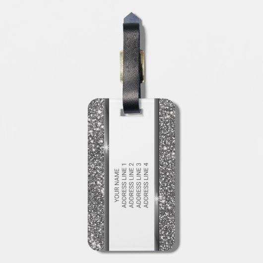 Imitate Silver Glitzer Textur Look & Custom Text Gepäckanhänger (Rückseite vertikal)