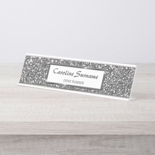 Imitate Silver Glitzer Textur Look & Custom Text Schreibtischnamensplakette (Vorderseite )