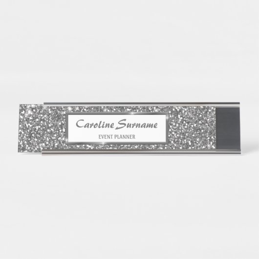 Imitate Silver Glitzer Textur Look & Custom Text Schreibtischnamensplakette (Vorderseite )