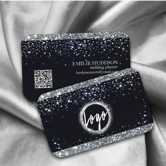 Imitate Silver Glitzer und Black Elegante QR Code Visitenkarte