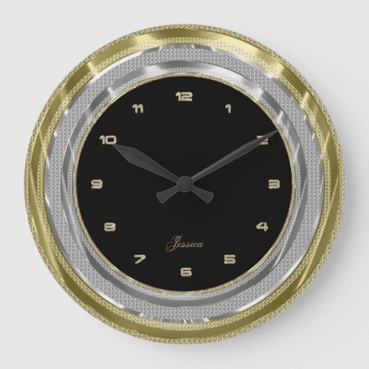 Imitate Silver & Gold Border Custom Black Backgrou Große Wanduhr (Vorderseite)