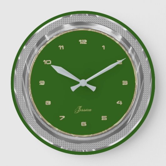 Imitate Silver & Gold Border Custom Green Backgrou Große Wanduhr (Vorderseite)