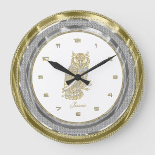 Imitate Silver & Gold Border Gold Owl Große Wanduhr