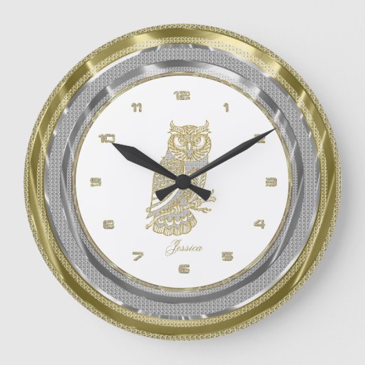 Imitate Silver & Gold Border Gold Owl Große Wanduhr (Vorderseite)