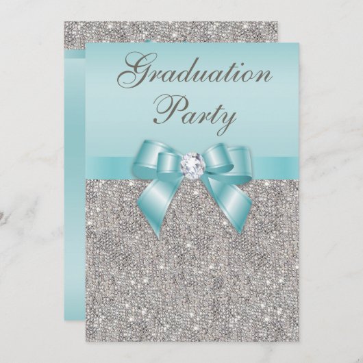 Imitate Silver Jewels Aquamarin Bow Girls Graduati Einladung (Vorne/Hinten)