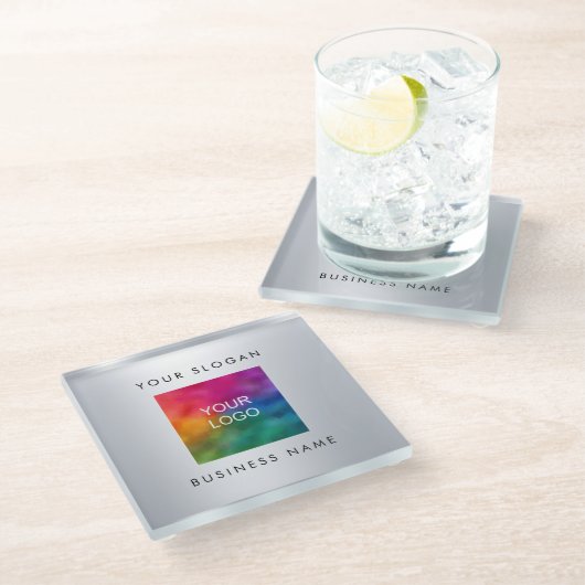 Imitate Silver Metallic Look Add Your Business Log Glasuntersetzer (Schrägansicht)