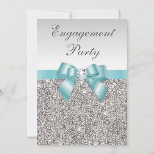 Imitate Silver Sequents Aquamarine Bow Engagement Einladung (Vorderseite)