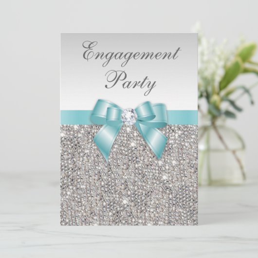 Imitate Silver Sequents Aquamarine Bow Engagement  Einladung (Stehend Vorderseite)