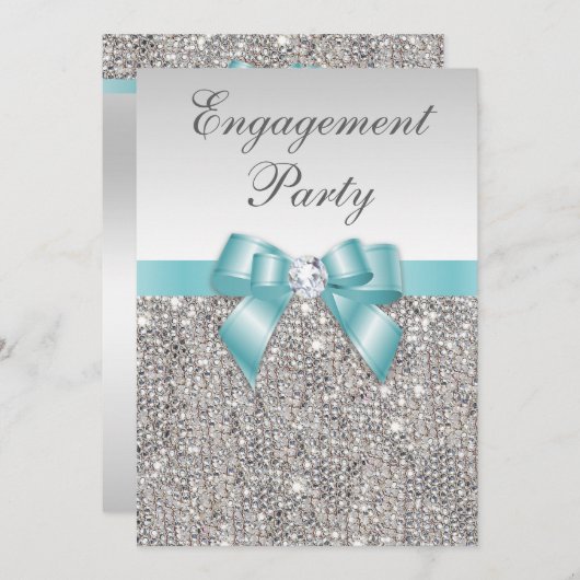Imitate Silver Sequents Aquamarine Bow Engagement Einladung (Vorne/Hinten)