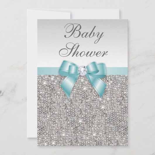 Imitate Silver Sequins Aquamarin Blue Baby Dusche Einladung (Vorderseite)