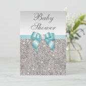 Imitate Silver Sequins Aquamarin Blue Baby Dusche Einladung (Stehend Vorderseite)