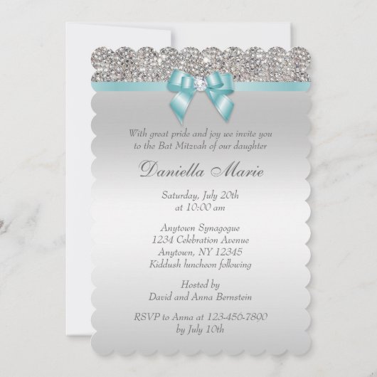 Imitate Silver Sequins Aquamarin Blue Bat Mitzvah Einladung (Rückseite)