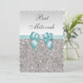 Imitate Silver Sequins Aquamarin Blue Bat Mitzvah Einladung (Stehend Vorderseite)