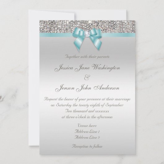 Imitate Silver Sequins Aquamarin Bow Wedding Typog Einladung (Rückseite)