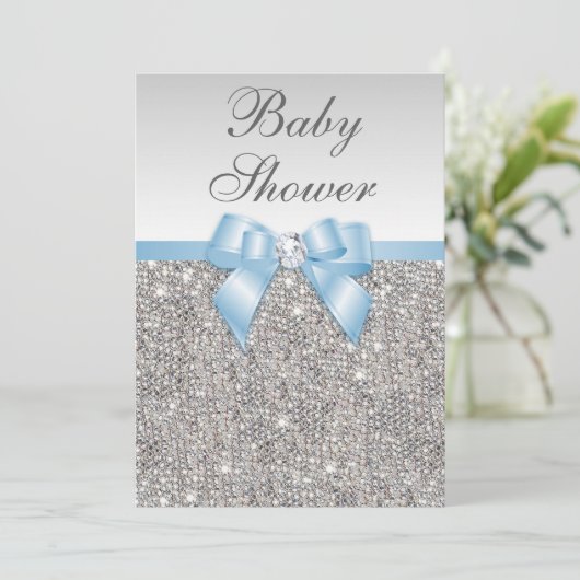 Imitate Silver Sequins Baby Blue Baby Dusche Einladung (Stehend Vorderseite)