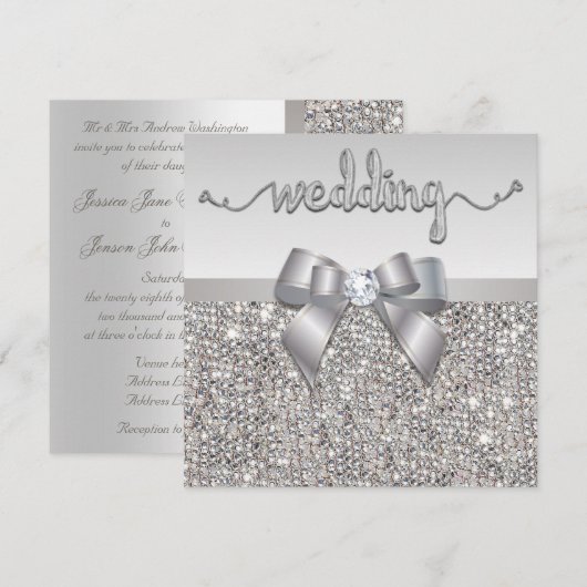 Imitate Silver Sequins Bow Wedding Hearts Typograf Einladung (Vorne/Hinten)