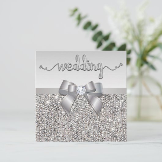 Imitate Silver Sequins Bow Wedding Hearts Typograf Einladung (Stehend Vorderseite)