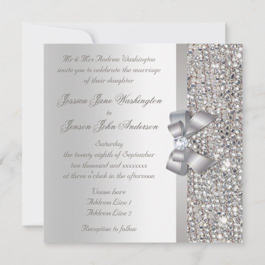 Imitate Silver Sequins Bow Wedding Hearts Typograf Einladung (Rückseite)