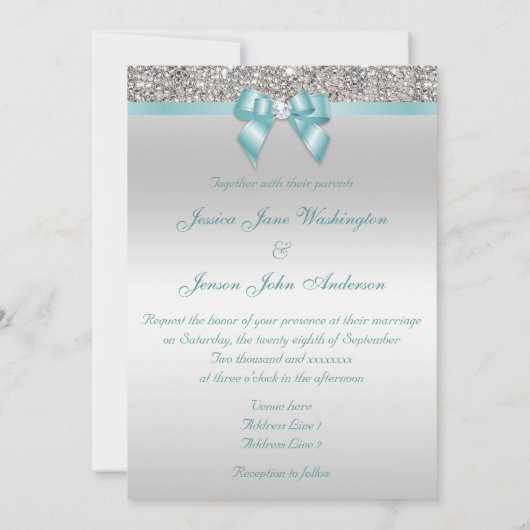 Imitate Silver Sequins Diamonds Aquamarin Bow Wedd Einladung (Rückseite)