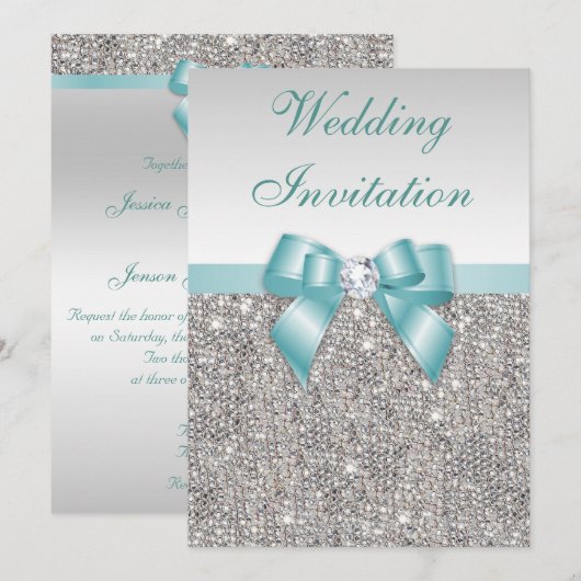 Imitate Silver Sequins Diamonds Aquamarin Bow Wedd Einladung (Vorne/Hinten)